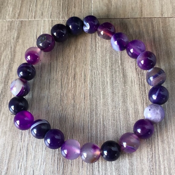 Purple Agate Striped Natural Stone Beads Stretchable Bracelet 7" - 8mm Beads - Picture 2 of 2